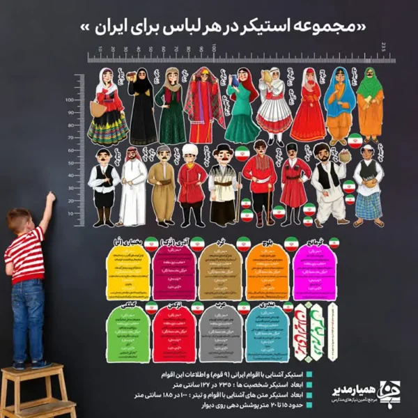 🎨 استیکر «در هر لباس برای ایران» – رنگ، فرهنگ و افتخار ایرانی در کلاسها با همیار مدیر دنیای رنگارنگ اقوام ایران را وارد کلاس کنید! 🌈 استیکری آموزشی برای مدارس که پوشاک ۹ قوم ایرانی را به شکلی جذاب و دیدنی به کودکان میآموزد. نصب راحت روی دیوار، طراحی چشمنواز و مفهومی فرهنگی برای عشق به ایران 🇮🇷💫