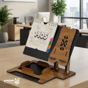 "تقویم رومیزی کد 105، تقویم رومیزی MDF تبلیغاتی، تقویم رومیزی قابل شخصی‌سازی، تقویم رومیزی اداری شیک، تقویم رومیزی سازمانی 1405"