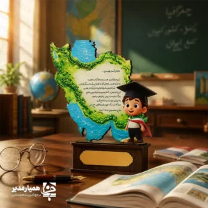 🇮🇷 تندیس ایران سبز؛ قهرمانِ کوچکِ آینده به پایان رسیدن یک سال تحصیلی، آغاز یک ماجراجویی بزرگ است. تندیس ایران سبز محصولی ویژه از مجموعه همیار مدیر است که با هدف ارج نهادن به تلاش‌های دانش‌آموزان عزیز در مقاطع پیش‌دبستانی و دبستان طراحی شده است. این اثر از چوب باکیفیت ساخته شده و با وزن ایده‌آل ۳۵ گرم، انتخابی هوشمندانه برای هدایای جشن فارغ‌التحصیلی پسران است. طراحی تندیس که نقشه سرسبز ایران را با یک شخصیت کارتونی فارغ‌التحصیل ترکیب کرده، حس اعتماد به نفس و افتخار به میهن را در دل کودک زنده می‌کند. وجود پلاک طلایی در پایه تندیس، امکان شخصی‌سازی (درج نام دانش‌آموز، نام مدرسه یا تاریخ فارغ‌التحصیلی) را فراهم می‌کند تا این محصول به یادگاری همیشگی از دوران شیرین مدرسه تبدیل شود. مشخصات فنی: طراحی اختصاصی: نقشه ایران و کاراکتر فارغ‌التحصیل جنس: چوب با دوام و سبک ابعاد تندیس: ۱۲×۹ سانتی‌متر ابعاد پایه: ۷.۵×۳×۲.۵ سانتی‌متر وزن: ۳۵ گرم قابلیت درج متن یا نام اختصاصی