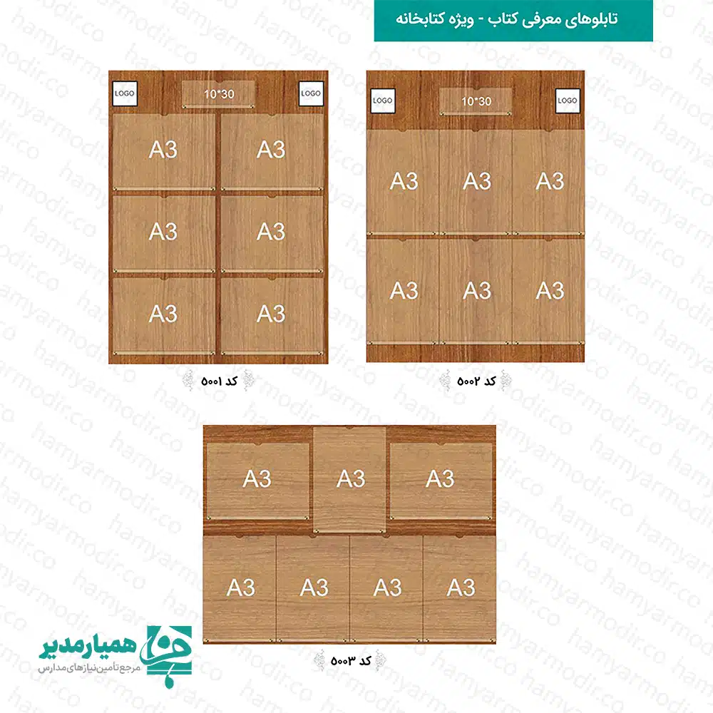 تابلوهای اعلانات معرفی کتاب - ویژه کتابخانه(سری سفیر فرهنگی)؛ راهکاری مدرن برای احیای کتابخانه‌های مدرسه و جذب دانش‌آموزان به مطالعه. این تابلو با ۵ طرح متنوع و ظرفیت ۶ تا ۸ جایگاه مخصوص پوسترهای A3، از ترکیب ام‌دی‌اف طرح چوب و پلکسی و چوب ساخته شده است. سیستم تعویض سریع (Slide-In) به شما اجازه می‌دهد بدون نیاز به پونز و چسب، در کمتر از ۳ ثانیه پوستر کتاب‌های جدید را جایگزین کنید. مجهز به جایگاه اختصاصی لوگو و کتیبه عنوان برای شخصی‌سازی کامل.